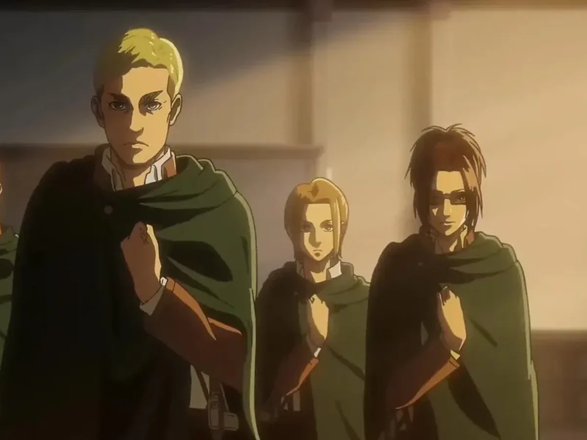 Survey Corps soldiers riding in formation towards a district's open gate