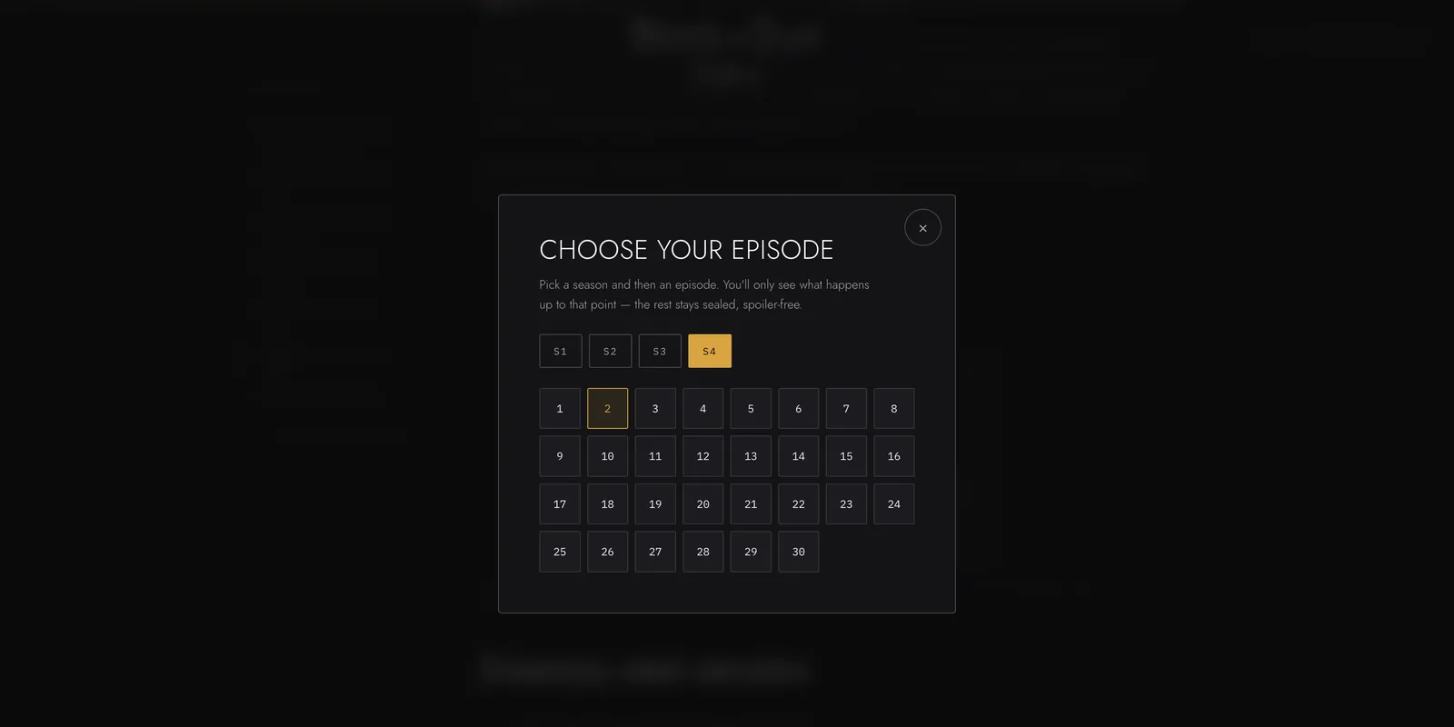 The codex's episode selector set midway through the series, with part of the content still sealed