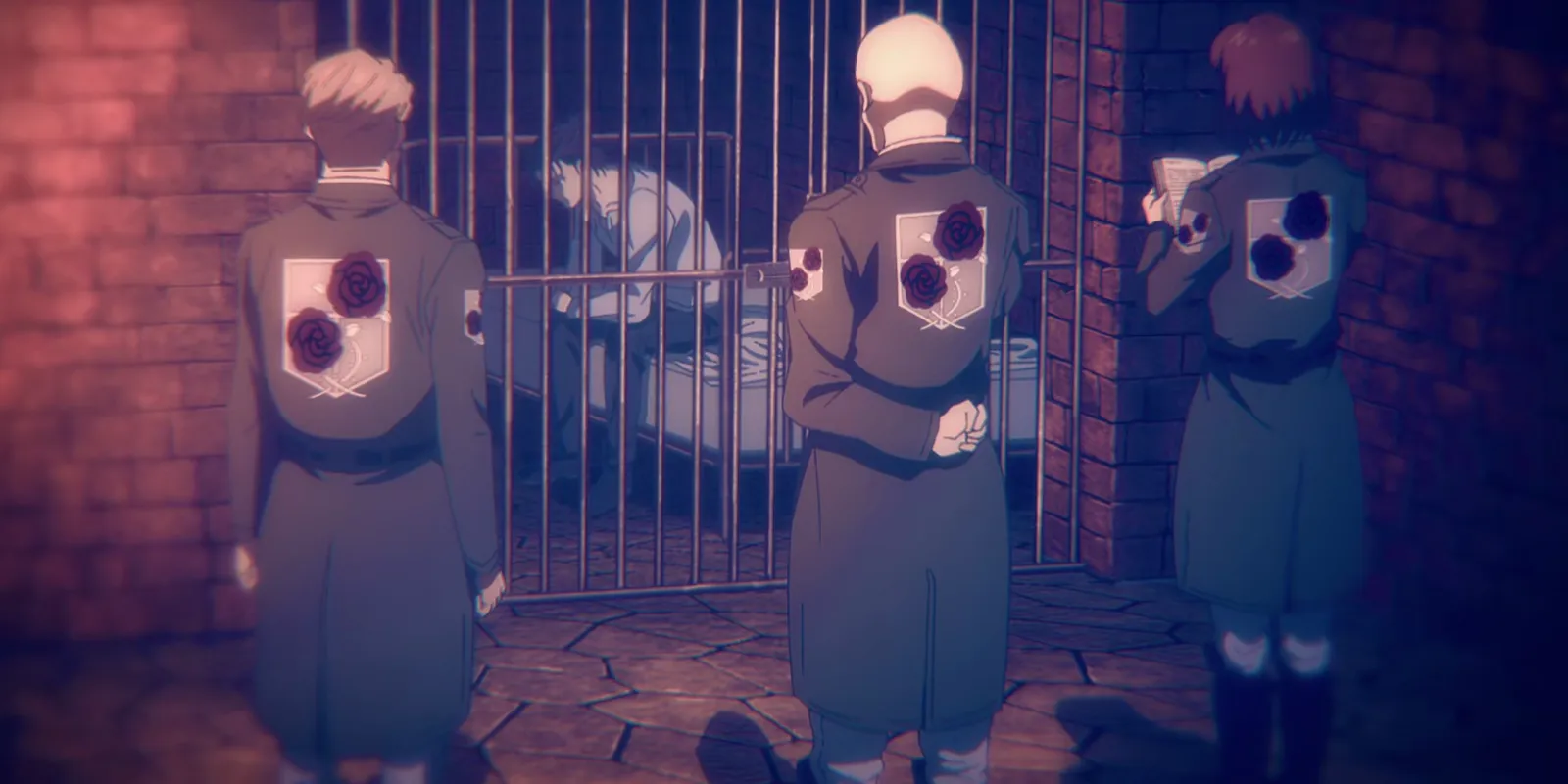 Eren, imprisoned, speaks to Mikasa and Armin from the other side of the bars