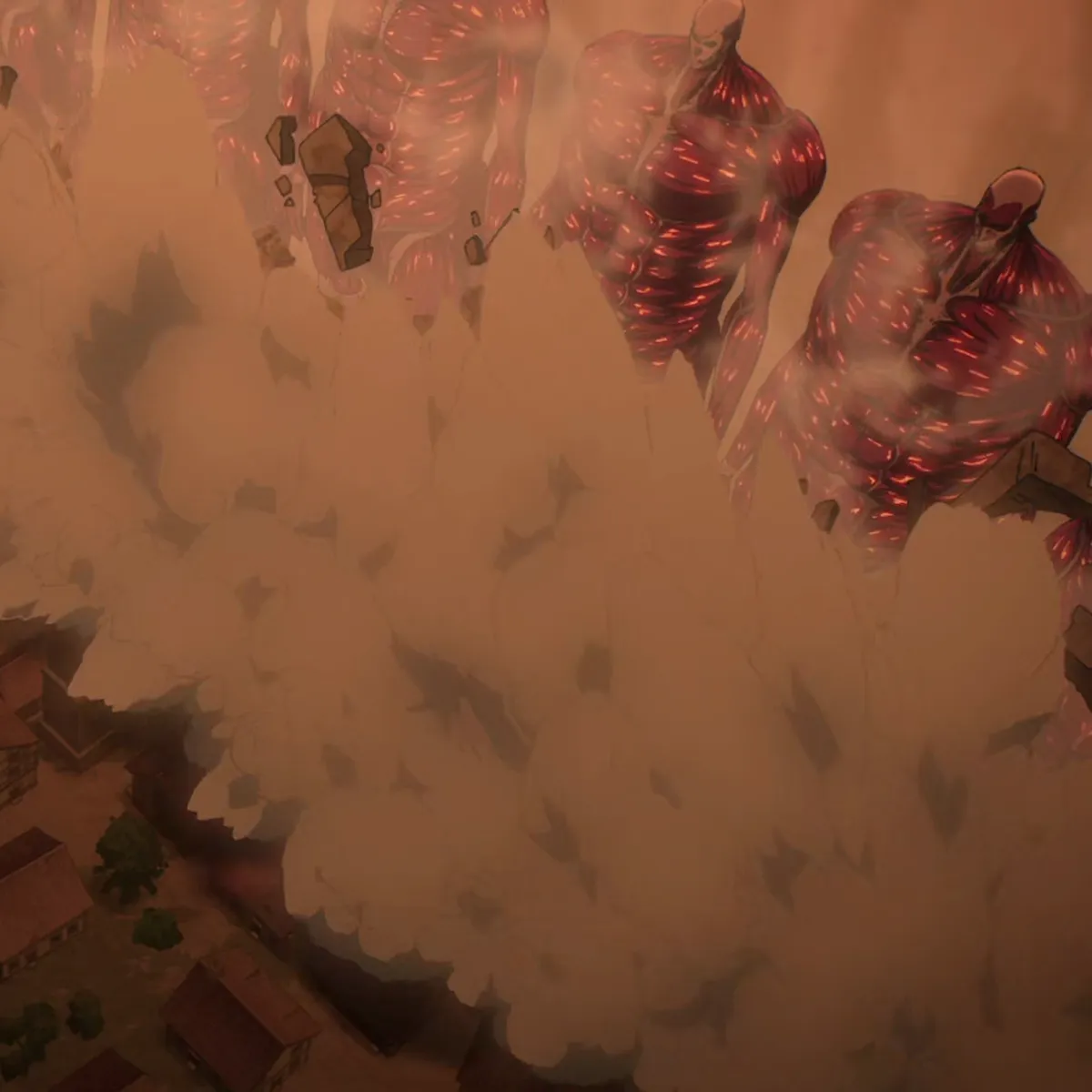 The walls' hardening comes undone and the titans step out of the stone