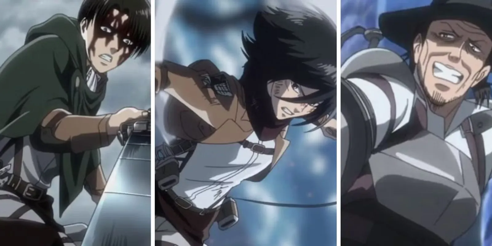 Triple portrait of the Ackerman clan: Mikasa, Levi and Kenny over an archive background