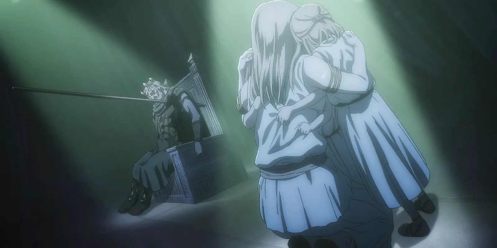 Ymir Fritz steps aside from the spear and turns to her three daughters in the throne room