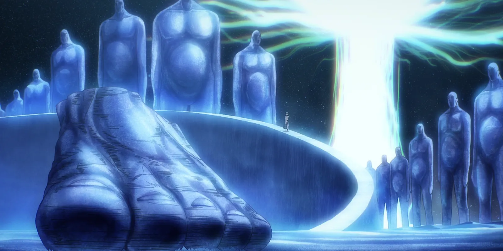 Ymir Fritz standing on the plain of sand in the Paths, beside the tree of light