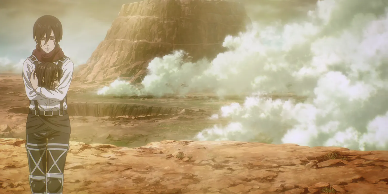 Mikasa holds Eren's head in her arms in the light, and Ymir watches from the Paths
