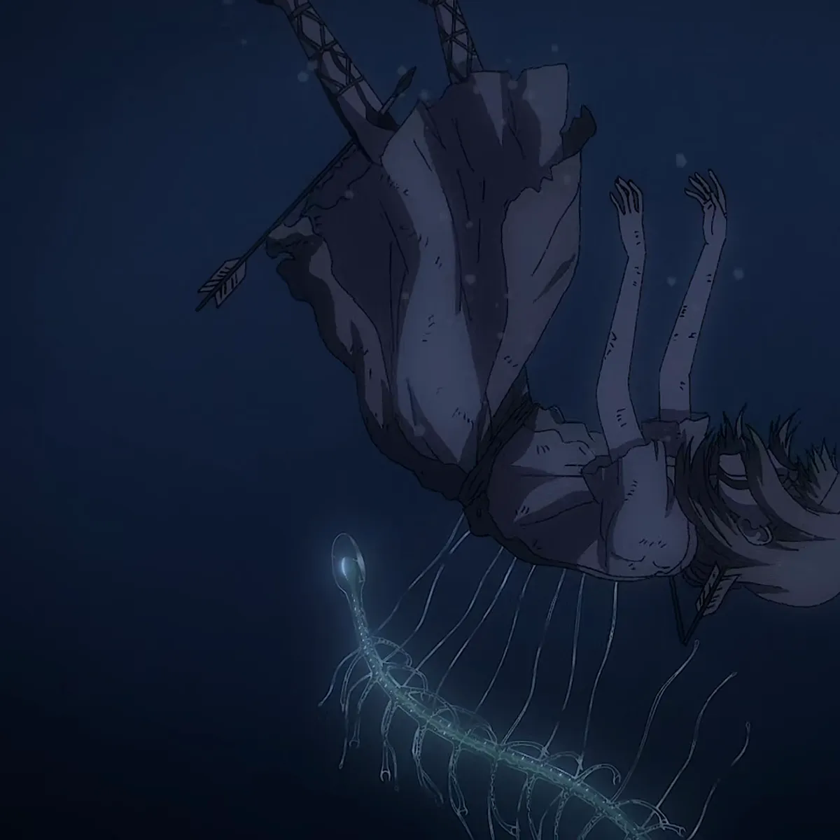 Ymir Fritz falls through the water toward the spined creature that grants her the power of the titans