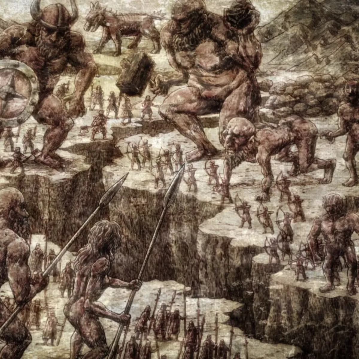 Old illustration of titans fighting alongside the armies of the Eldian empire