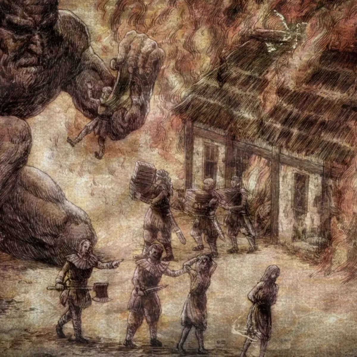Old illustration of a titan levelling a burning village while soldiers carry off its people