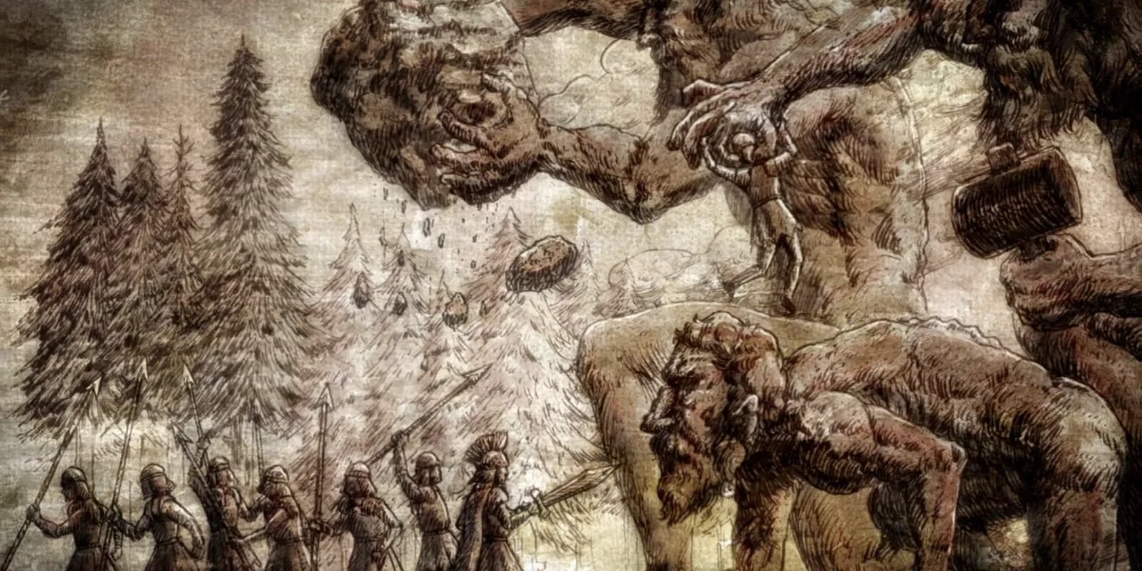 Eldia's Nine Titans advance over conquered peoples during the empire's rule