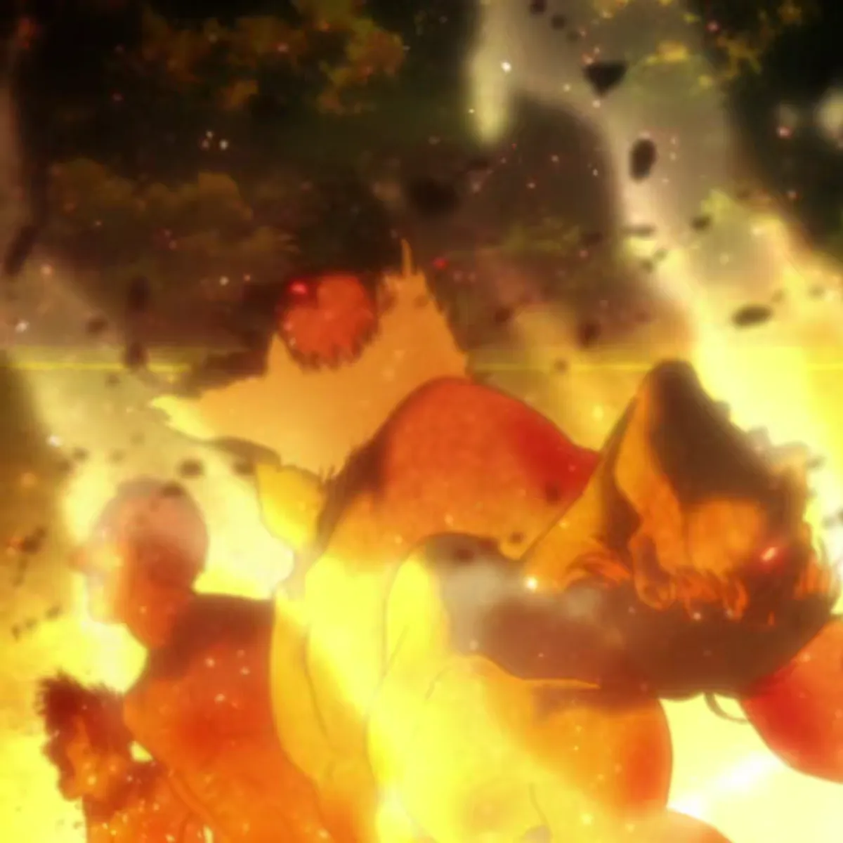 An Eldian transforms into a pure titan atop the wall of Paradis