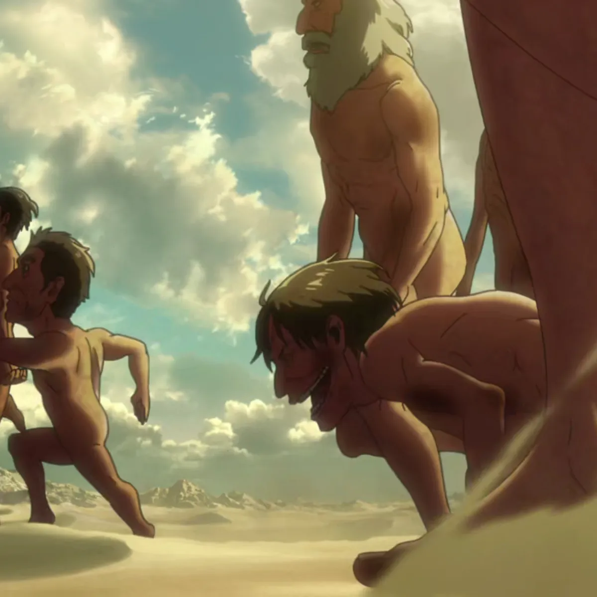 Pure titans walk into Paradis after being cast down from the wall