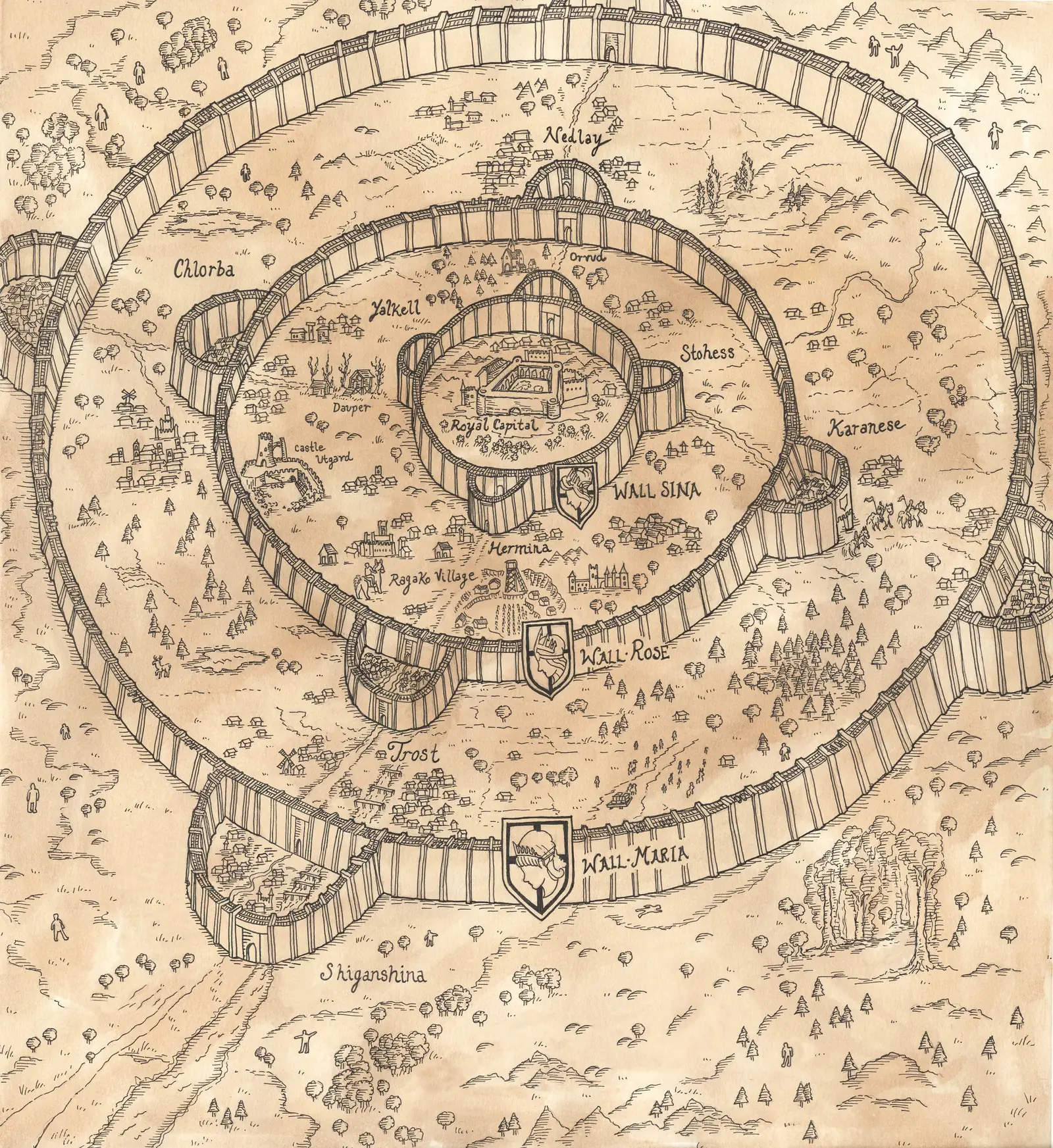 Hand-drawn map of the lands inside the walls